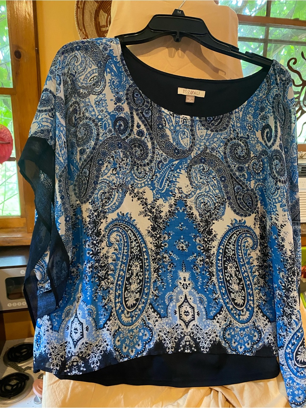 Roz & Ali Blue and White Paisley Scoop Neck Blouse